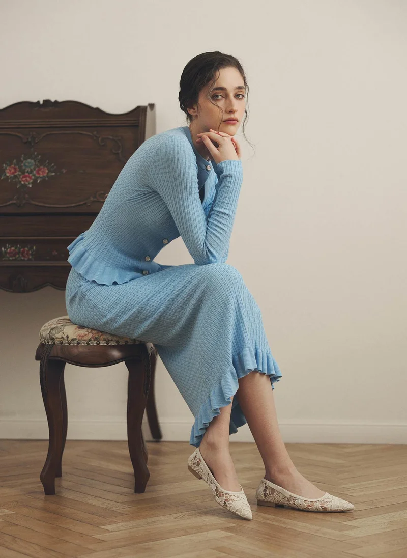 Lichi  Straight textured-knit midi skirt with ruffles for Women | Best Price UAE